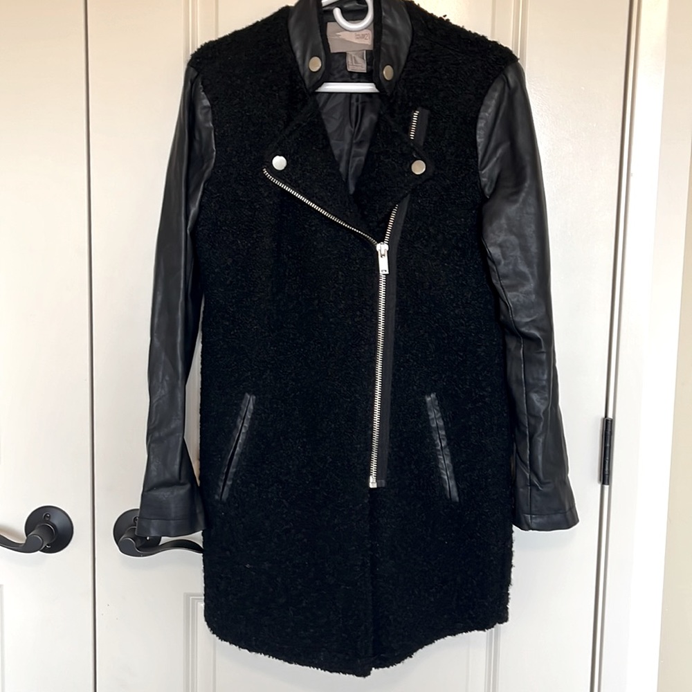 Black faux leather sleeved trench coat